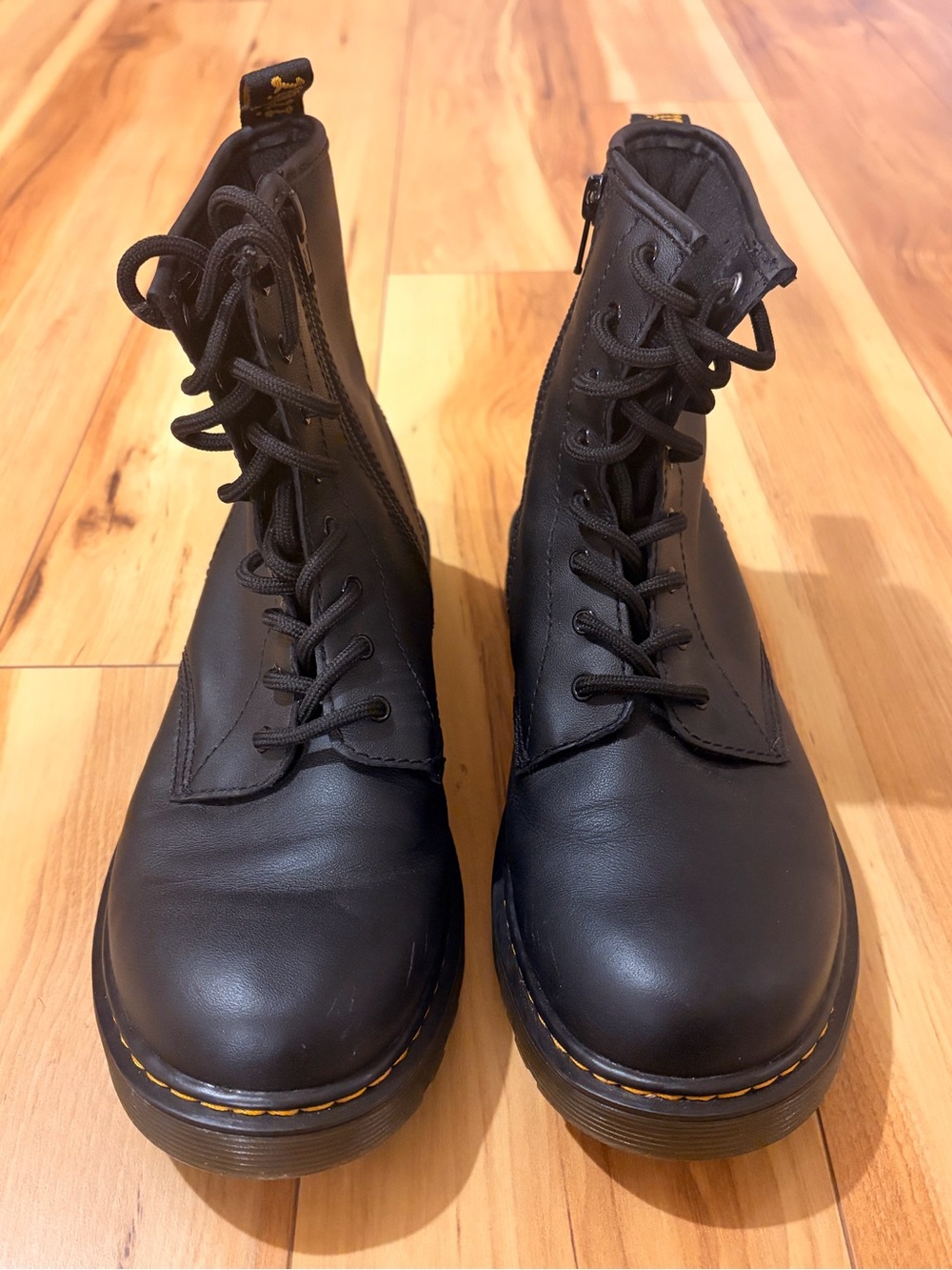 Dr. Martens Black Leather Lace-Up Combat Boots with Yellow Stitching